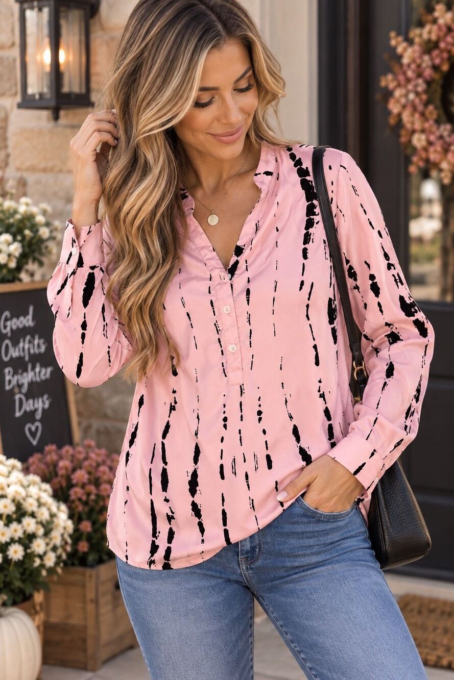 Three Seasons Women’s XL Pink Black Abstract Tie Dye Long Sleeve Blouse Top - Picture 2 of 3